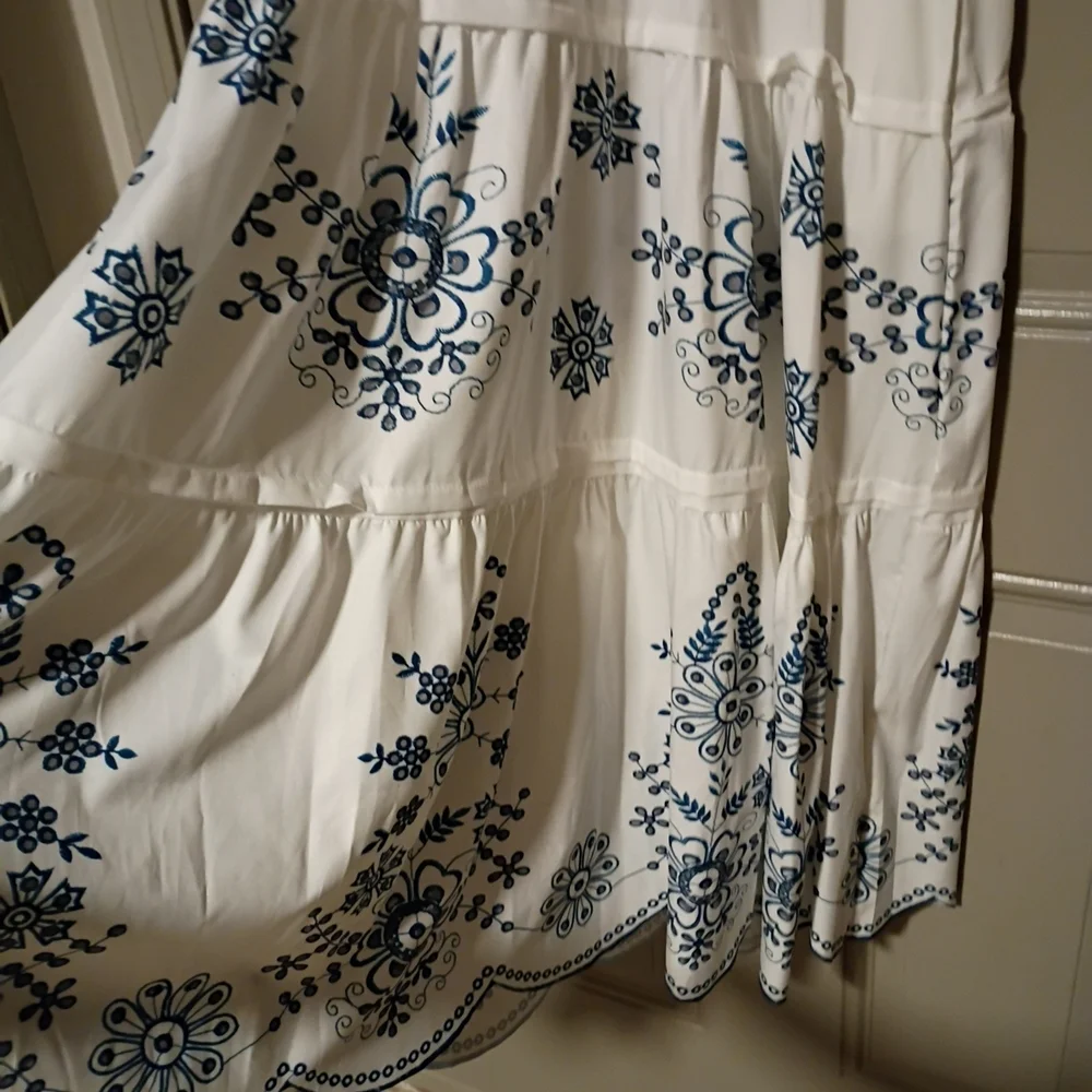 Anthropologie Elegant White and Blue Embroidered Dress Size L - Picture 2 of 10